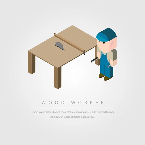 Holzarbeiter und Tischsäge isometrischen Charakter — Stockvektor