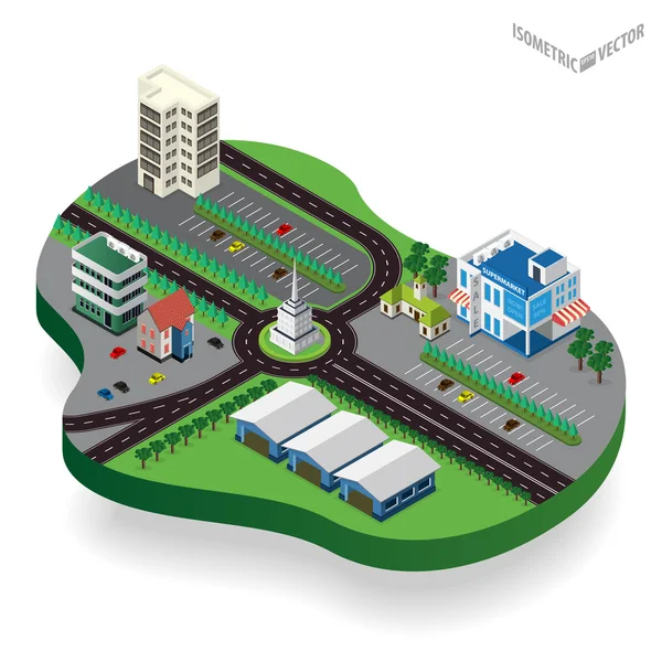 Vector isométrico centro de la ciudad con edificio — Vector de stock