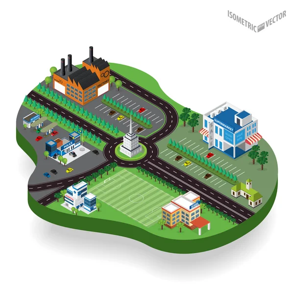 Vector isométrico centro de la ciudad con edificio — Vector de stock