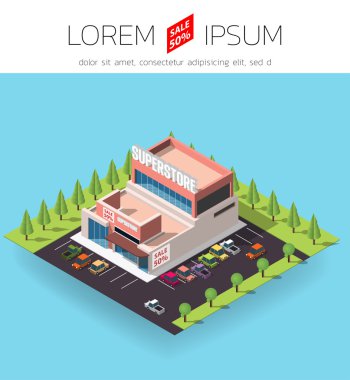 izometrik süpermarket binası.
