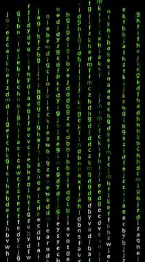 Siyah üzerine dikey olarak yükselen yeşil harflerin soyut dijital arkaplanı, hacker ve Matrix stili estetikten esinlenilmiştir.