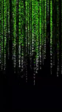 Matrix kod yağmuru ve siber punk dijital estetiğinden esinlenerek üst üste gelen yeşil harf ve sembollerle dolu karanlık bir zemin.