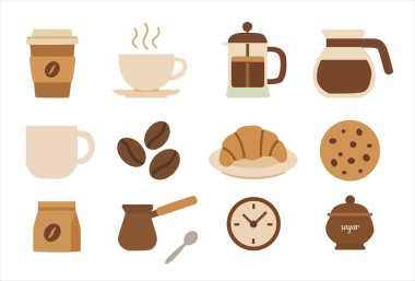 kahve ve kahvaltı ikonlarının vektör kümesi.