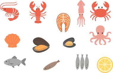 Düz deniz ürünleri seti, karides, ıstakoz, balık, yengeç, ahtapot, kabuk ve limon. Menüler, ambalaj ve gıda tasarımı için minimum vektör koleksiyonu. Vektör illüstrasyonu