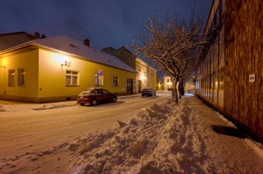 Pelhimov 2025 'teki karlı bir caddenin arka planında F.B.' nin evi görülüyor. Vanka, sokak lambası, temiz kar örtüsü,