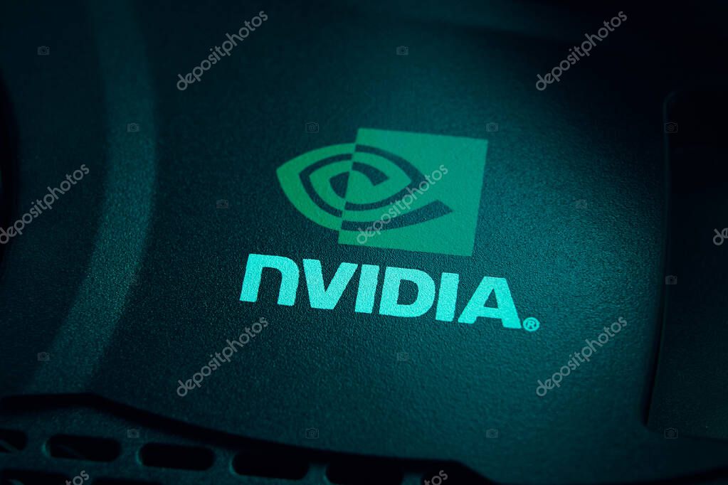 28 June 2019 Bishkek, Kyrgyzstan: Nvidia logo. Merchandise of a famous company on a video card. Inventor of the GPU.
