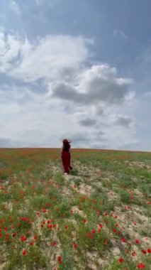 Kızıl saçlı kadın haşhaş tarlasında koşar ve poz verir..