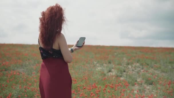Chica con teléfono móvil en el campo de amapola. — Vídeos de Stock