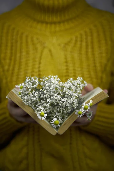 Kadın içinde papatyalar olan bir kitap tutuyor..