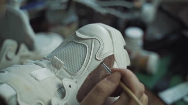 女人的手用刷子刷白运动鞋. — 图库视频影像