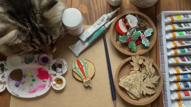 Fluffy gato en mesa de madera relojes para mujer manos mezclar pintura acrílica. — Vídeos de Stock