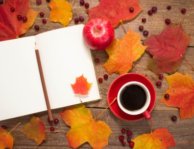 Sonbahar natürmort. Örgü, sonbahar yaprakları kahve Kupası, not defteri, elma