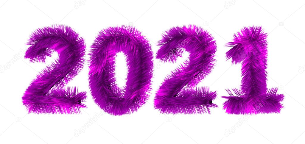 2021 date with pink fluffy numbers isolated on white background. Christmas New Year holiday design. 3D rendering illustration
