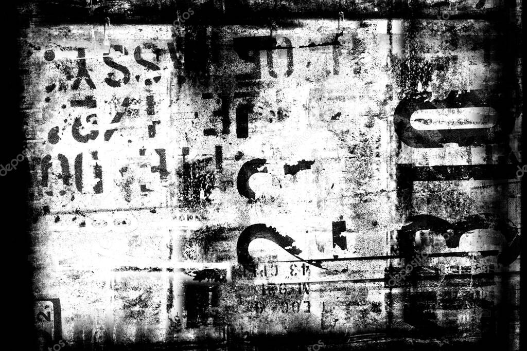 Abstract grunge futuristic cyber technology background.  Drawing on old grungy surface. Vintage dirty scratch wall. Street art blueprint. Urban cyber punk monochrome illustration