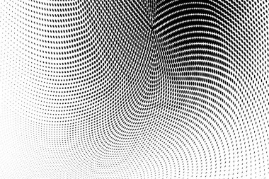 Abstract monochrome grunge halftone pattern. Curved lines. Half tone vector illustration with dots. Modern black and white polka dot background for web design, leaflets, print clipart