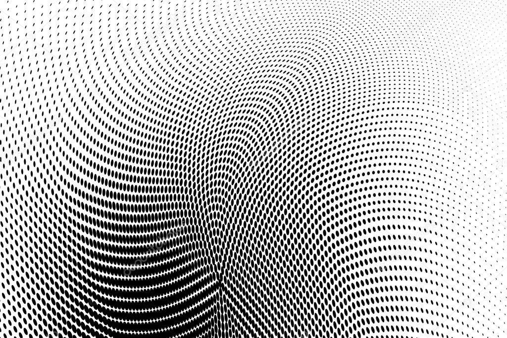 Abstract monochrome grunge halftone pattern. Curved lines. Half tone vector illustration with dots. Modern black and white polka dot background for web design, leaflets, print