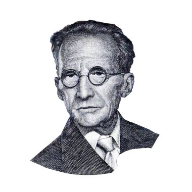 Dünyaca ünlü fizikçi Erwin Schrdinger siyah beyaz portre, beyaz arka planda izole edilmiş. Avusturya banknotunun bir parçası.