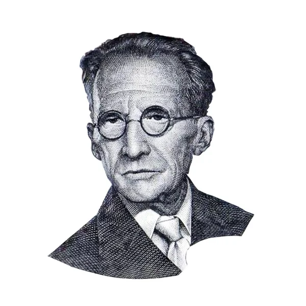 Dünyaca ünlü fizikçi Erwin Schrdinger siyah beyaz portre, beyaz arka planda izole edilmiş. Avusturya banknotunun bir parçası.