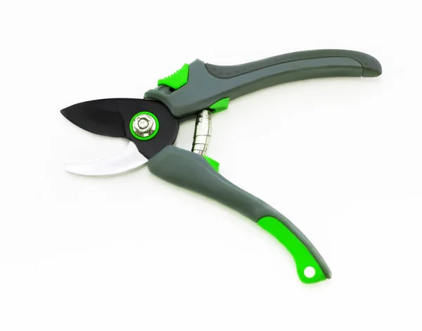 Open new professional secateur or garden pruner close up isolated on white background. Top view