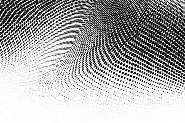 Soyut monokrom grunge yarım ton deseni. Yumuşak dinamik çizgiler. Noktalı yarım ton vektör çizimi. Modern siyah beyaz puantiyeler web tasarımı, broşürler, broşürler, yazılar için geniş bir zemin oluşturuyor.