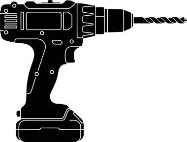 Beyaz arkaplanda izole edilmiş kablosuz matkabın siyah silueti