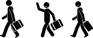 Beyaz arka planda izole edilmiş bir çantayla yürüyen üç çöp adam tasviri