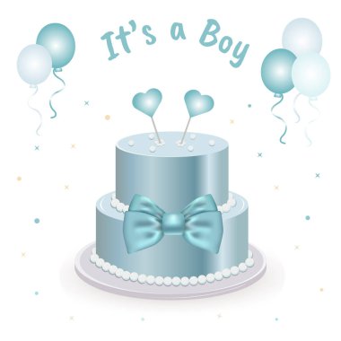 Pastalı, mavi fiyonklu, pastel mavisi balonlu bir erkek için bebek partisi. Bebek partisi dekorasyonu, davetiye, poster.