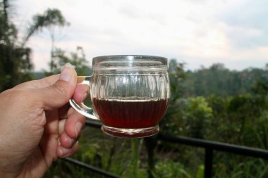 Bir el, bir bardak taze kahveyi yemyeşil Bali plantasyonuna karşı tutuyor. Odak noktası bardağa, bulanık doğal bir arka planı var. Seyahat ve kahve kültürü temaları için ideal.