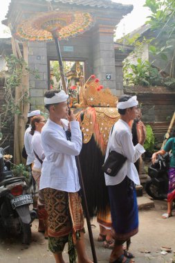 Ubud, Bali 'deki Balili Hindu dini geçit töreni. Yerel halk kutsal şemsiye ve Barong kostümü taşırken geleneksel kıyafetler giyer. Yumuşak gün ışığıyla göz hizasında sokak fotoğrafı, sakin ruhsal atmosfer. Kültür ve din temalarına uygundur.
