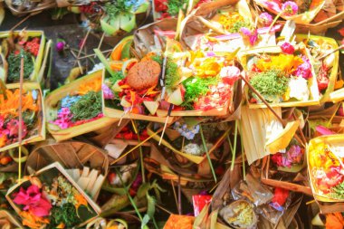 Bali, Bali 'de Ubud' da bulunan Kanang Sari 'nin Hindu sunumlarının en üst görüntüsü. Zengin renkler ve keskin odak günlük bağlılığını ifade eder. Manevi, kültürel, seyahat ve Asya temalarına uygundur..