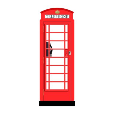 Klasik İngiliz telefon kulübesi çizimi. Beyaz arkaplanda taç sembolü olan ikonik Londra telefon kulübesi.