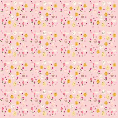 Güzel sarı piliçler, süslü yumurtalar ve yumuşak pembe arka planda bahar çiçekleri olan kusursuz Paskalya desenleri. Paskalya kutlaması projeleri, kumaş baskıları, ambalaj kağıdı, duvar kağıdı, tebrik kartları ve çocuk ürünleri için mükemmel..