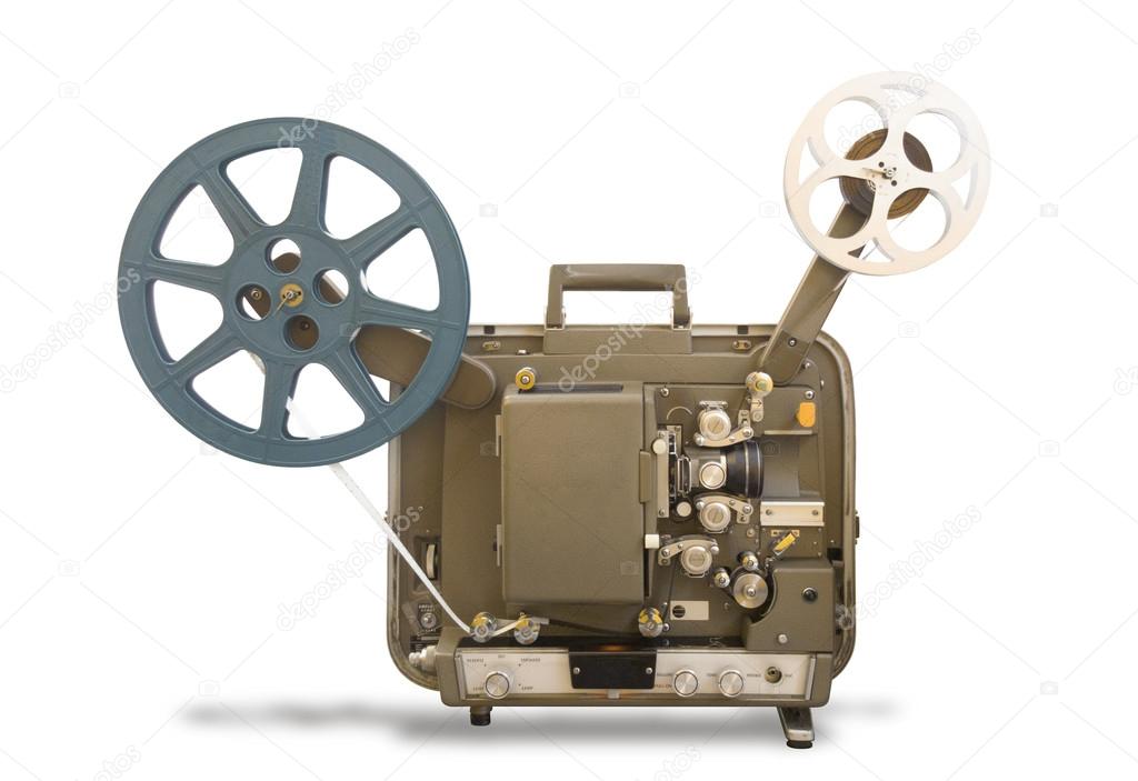 old-fashioned cinema projector isolated on white background