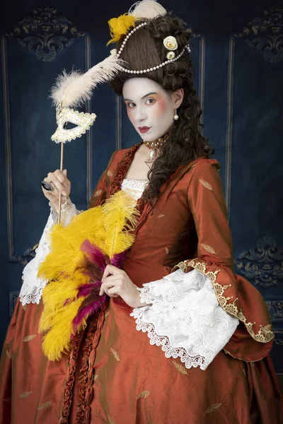 Century Woman Wearing Robe Francaise Holding Large Ostrich Feather Fan — Stock Photo, Image