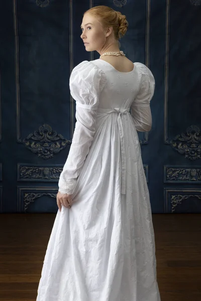 Regency Woman White Muslin Dress Standing Room — Stock Photo, Image