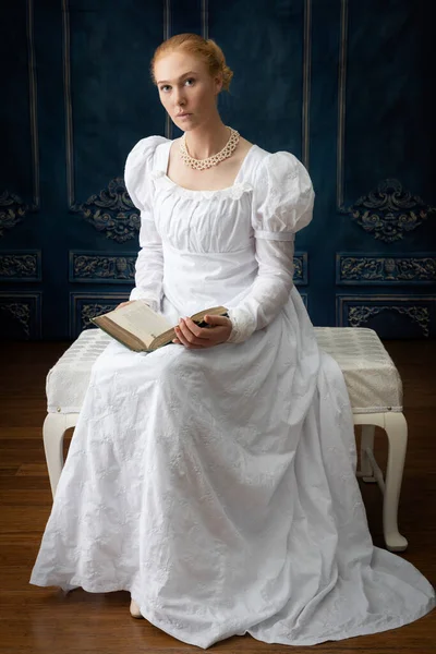 Regency Woman White Muslin Dress Standing Room — Stock Photo, Image