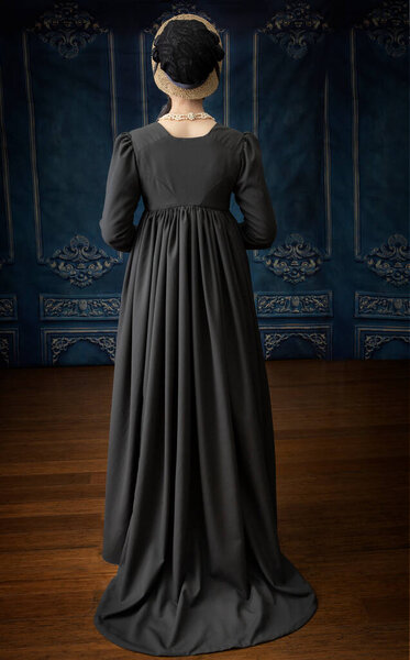 Женщина-регент в белом муслиновом платье и Спенсер, стоящая в комнате