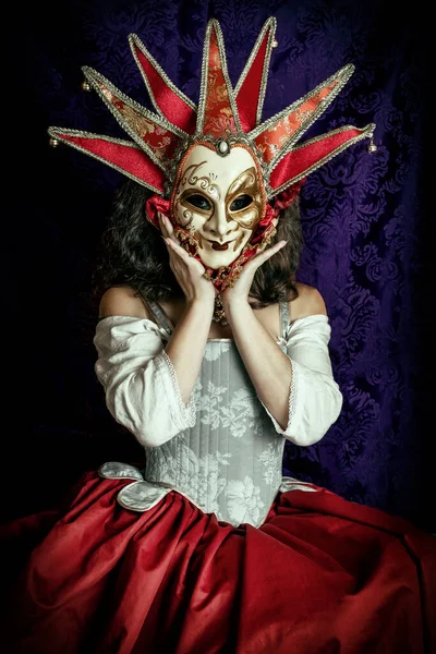 Beautiful Young Woman Wearing Venetian Carnival Mask Corset Long Skirt — Stock Photo, Image