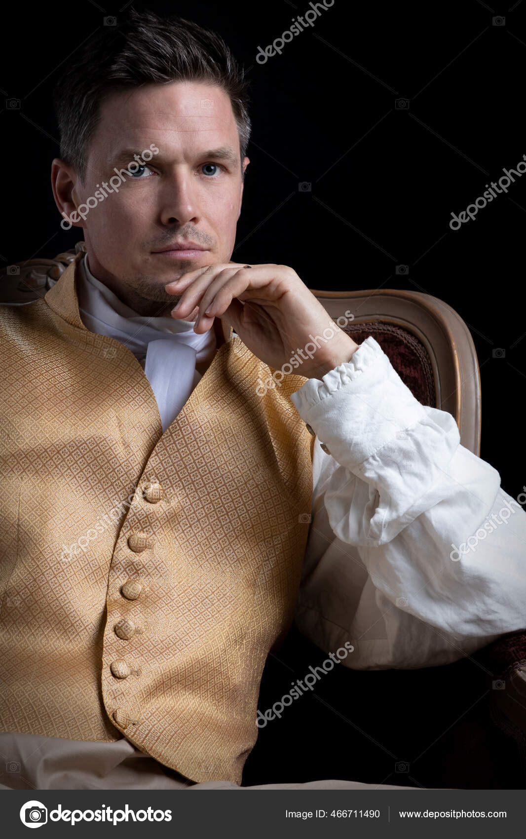 Handsome Regency Man Wearing Gold Waistcoat Breeches Sitting Red Velvet ...