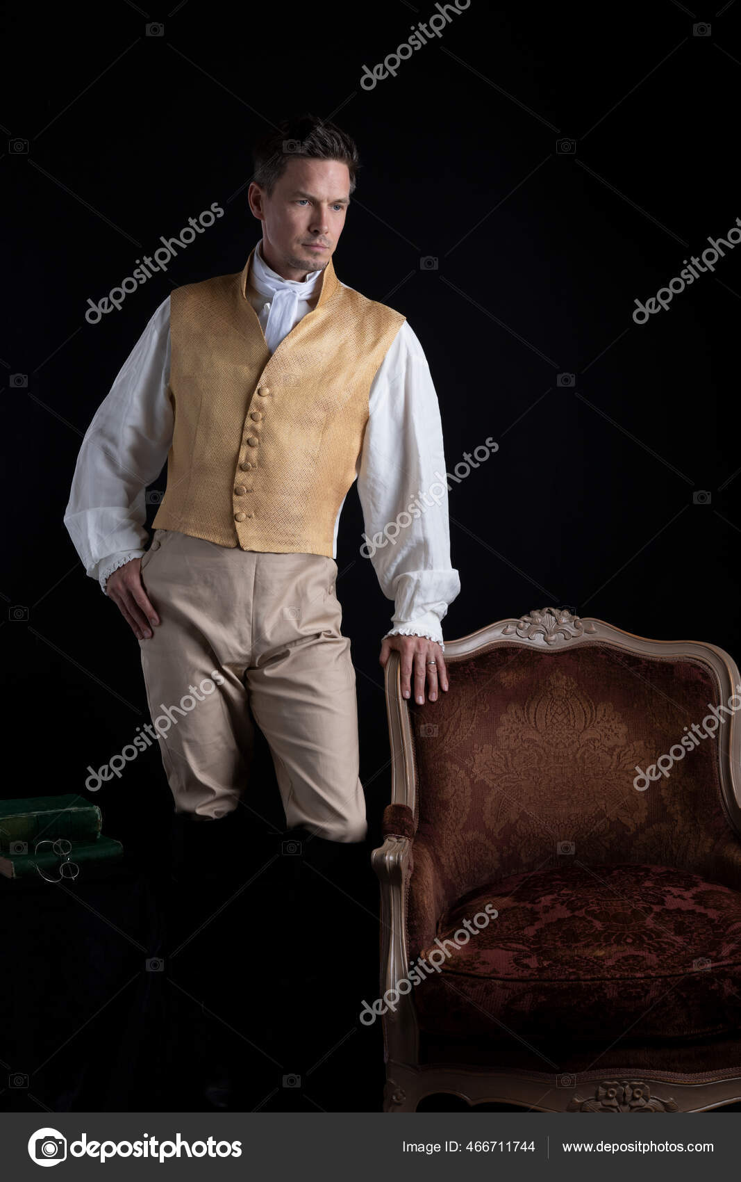 Handsome Regency Man Wearing Gold Waistcoat Breeches Standing Darkened ...