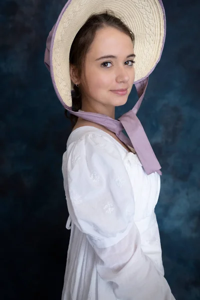 Young Regency Woman Wearing White Muslin Dress Straw Bonnet — Stock Photo, Image