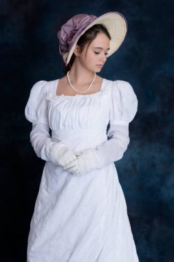 A young Regency woman wearing a white muslin dress and a straw bonnet  clipart