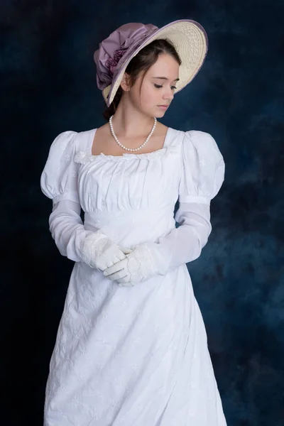 Young Regency Woman Wearing White Muslin Dress Straw Bonnet — Stock Photo, Image