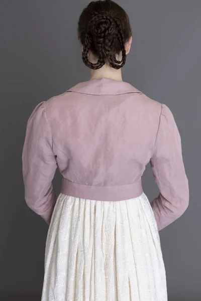 Regency Woman Wearing Embroidered Cream Dress Pink Linen Spencer — 图库照片