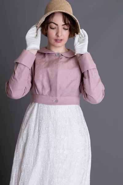 Regency Woman Wearing Embroidered Cream Dress Pink Linen Spencer — Stock Photo, Image