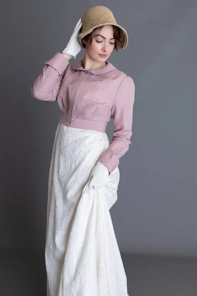 Regency Woman Wearing Embroidered Cream Dress Pink Linen Spencer — Stock Photo, Image