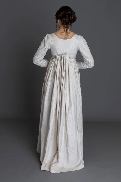 Regency Woman Wearing Long Sleeved Printed Cotton Gown — Stock Photo, Image