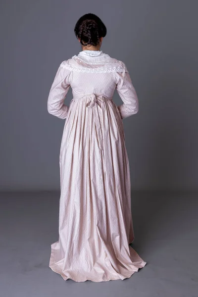 Regency Woman Wearing Pink Cotton Dress Lace Modesty Shawl Grey — Stock Photo, Image