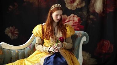 Kırmızı saçlı, altın sarısı bir elbise giyen, kabarık kollu ve elinde kırmızı bir gül tutan bir kadın.