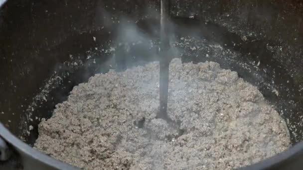 Mixing Ground Meat Puttens Iron Kettle Wood Fire — Stock Video